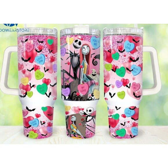 Jack and Sally Candy Heart, Valentines Day, Love 40oz Tumbler with Handle and St - Picture 1 of 2